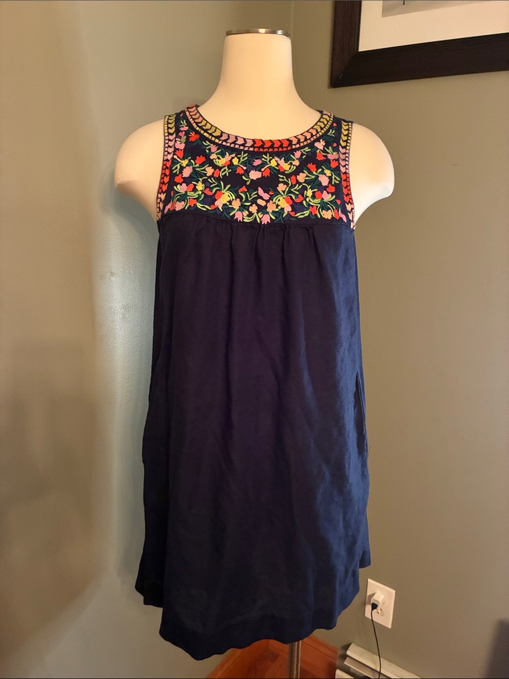 J. Crew Navy Sleeveless Dress with Bright Floral Embroidered Yoke